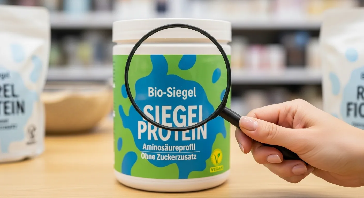 Eine Hand prüft ein Etikett von veganem Proteinpulver mit einer Lupe. Fokus auf Bio-Siegel, Aminosäureprofil und Zusatzstoffe für den bewussten Kauf.