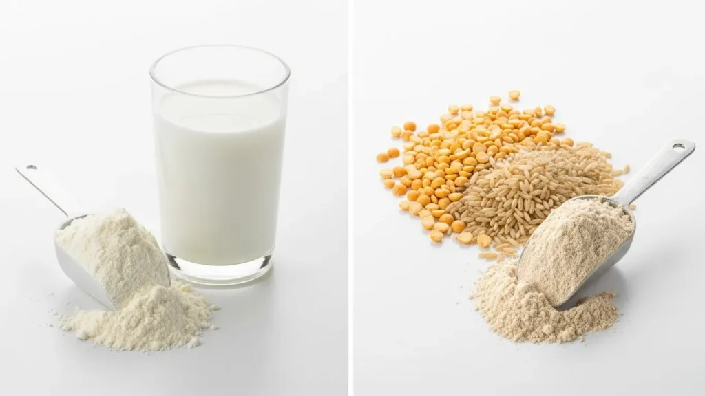 Vergleich von Whey und veganem Proteinpulver ohne Zucker neben den Rohstoffen.